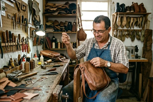 Sapateiro reformando bolsa de couro em Araruama.