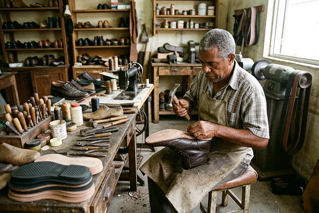 Sapateiro consertando o solado de um sapato em Araruama.