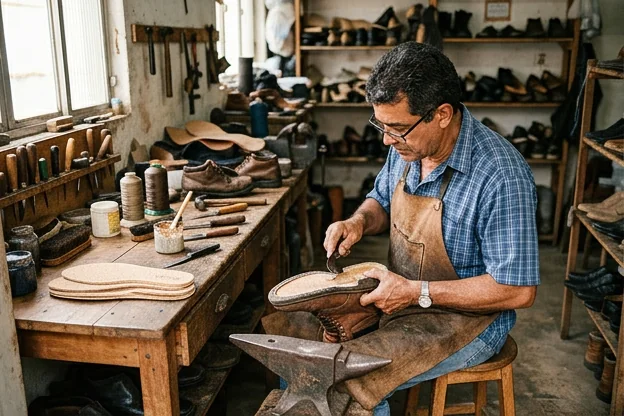 Sapateiro realizando troca de palmilhas em Araruama.