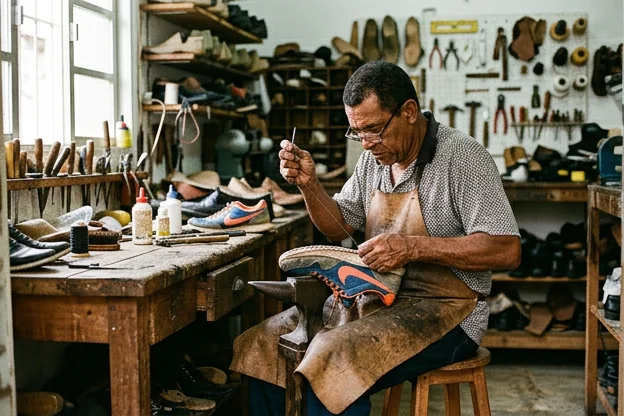 Sapateiro consertando um tênis em Araruama.