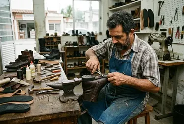 Sapateiro consertando o zíper de uma bota em Araruama.