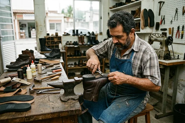 Sapateiro consertando o zíper de uma bota em Araruama.