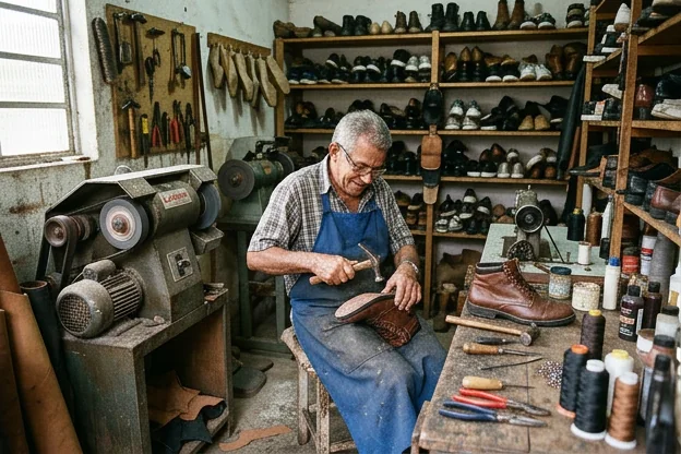 Sapateiro trabalhando em Araruama, com ferramentas e calçados ao redor.